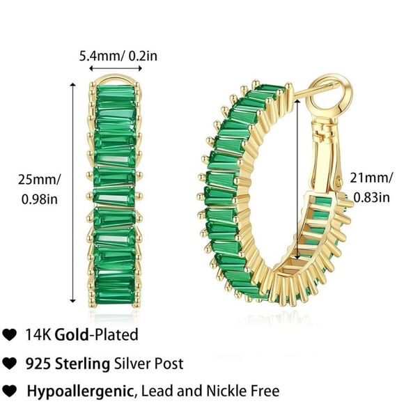 14K Yellow Gold with Emerald Green Cubic Zirconia Drop Hoop Leverback Earrings - Picture 3 of 7